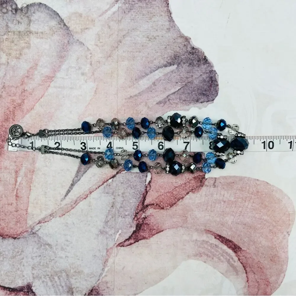 Trifari blue clear beaded 2 strand necklace choker - Picture 9 of 10